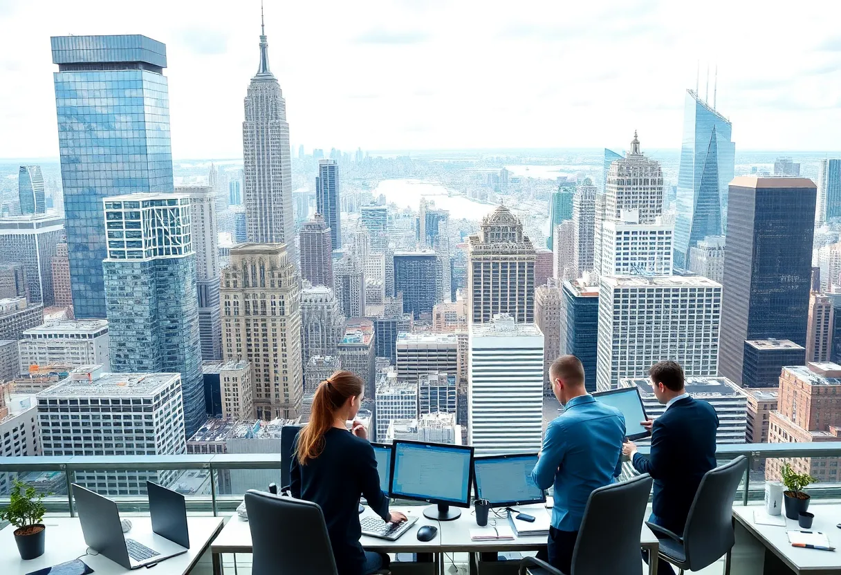 Business professionals collaborating in a modern office in New York City.