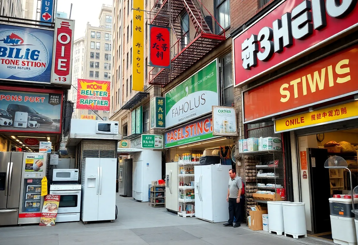 A bustling street in NYC with home goods retailers showcasing appliances