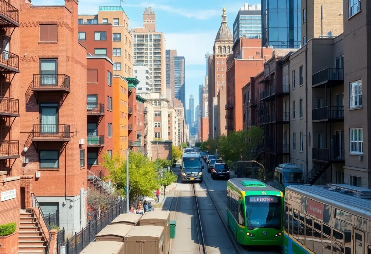View of New York City showcasing affordable housing and public transport.