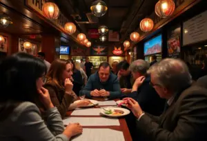 A busy restaurant in New York City with a menu indicating limited beef options
