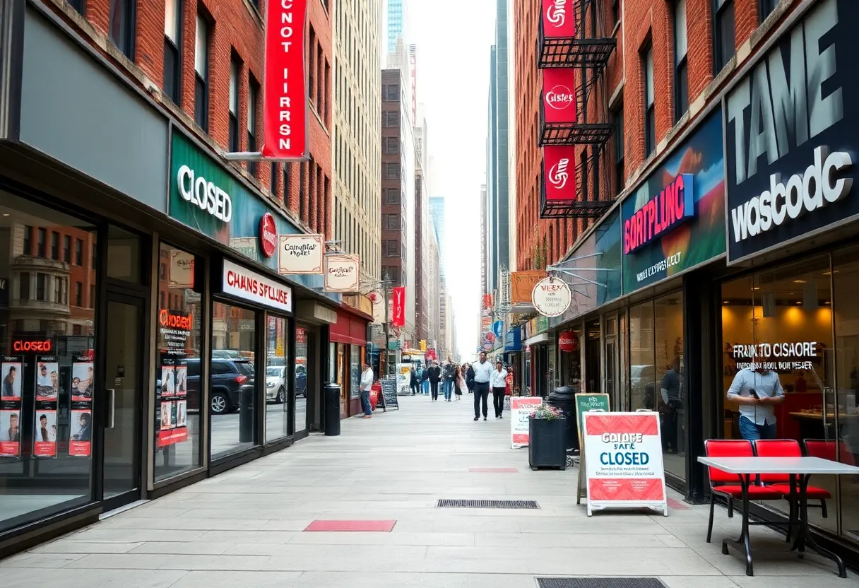 New York City street with closed chain stores and active food outlets