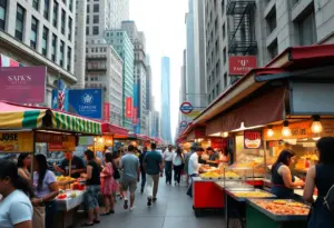Street vendors in New York City selling food and drinks