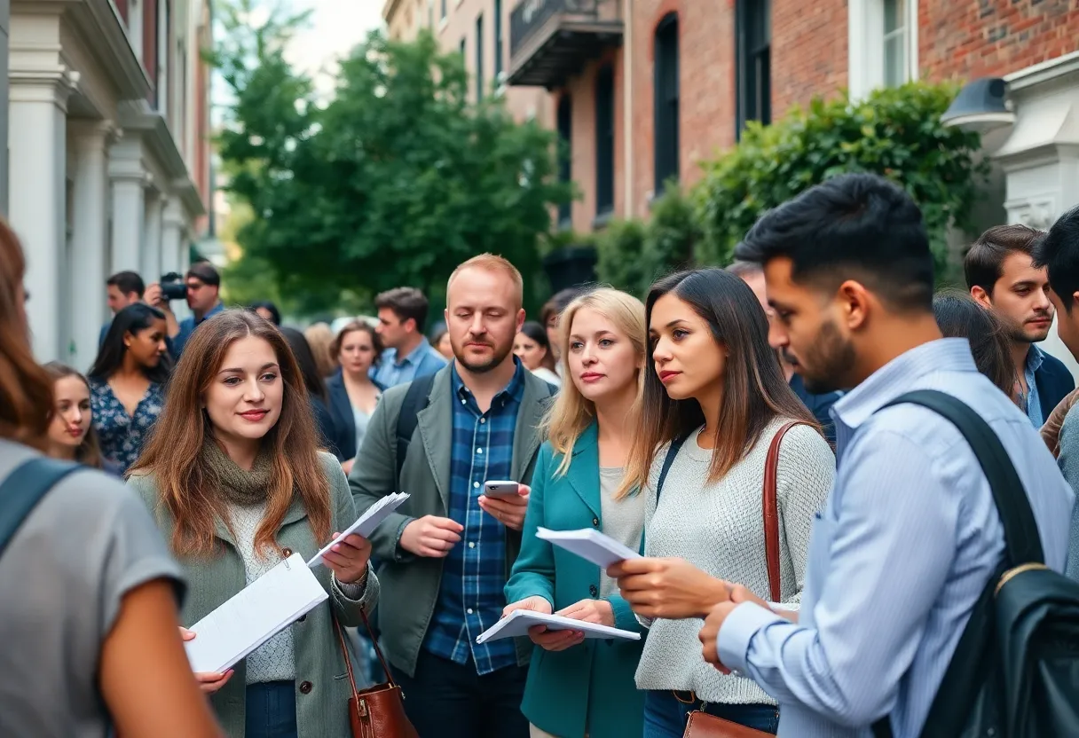 Visitors exploring an open house in New York City, taking notes and interacting with real estate agents.