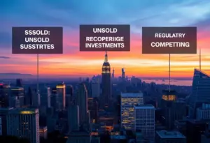 City skyline with financial graphs showing challenges faced by private equity firms.
