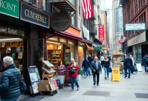 A busy retail street in New York City filled with shoppers and colorful storefronts.