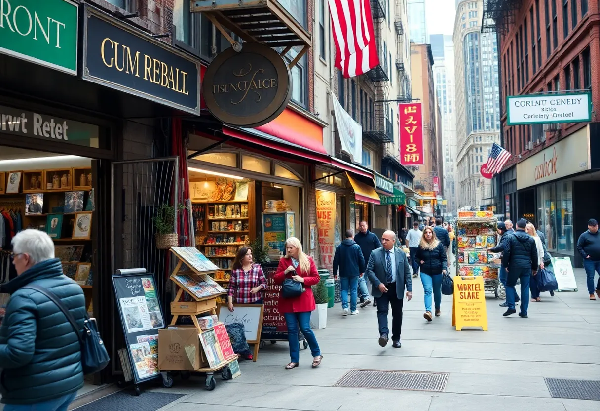 A busy retail street in New York City filled with shoppers and colorful storefronts.