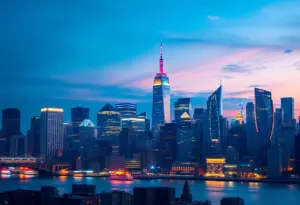 New York City skyline with a tech theme illustrating job growth.