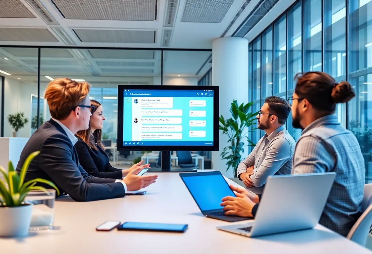 Rocket CRM's enhanced Missed Call Text Back feature demonstration in an office