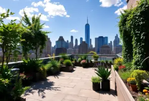 Rooftop garden showcasing plants and flowers with city skyline background.