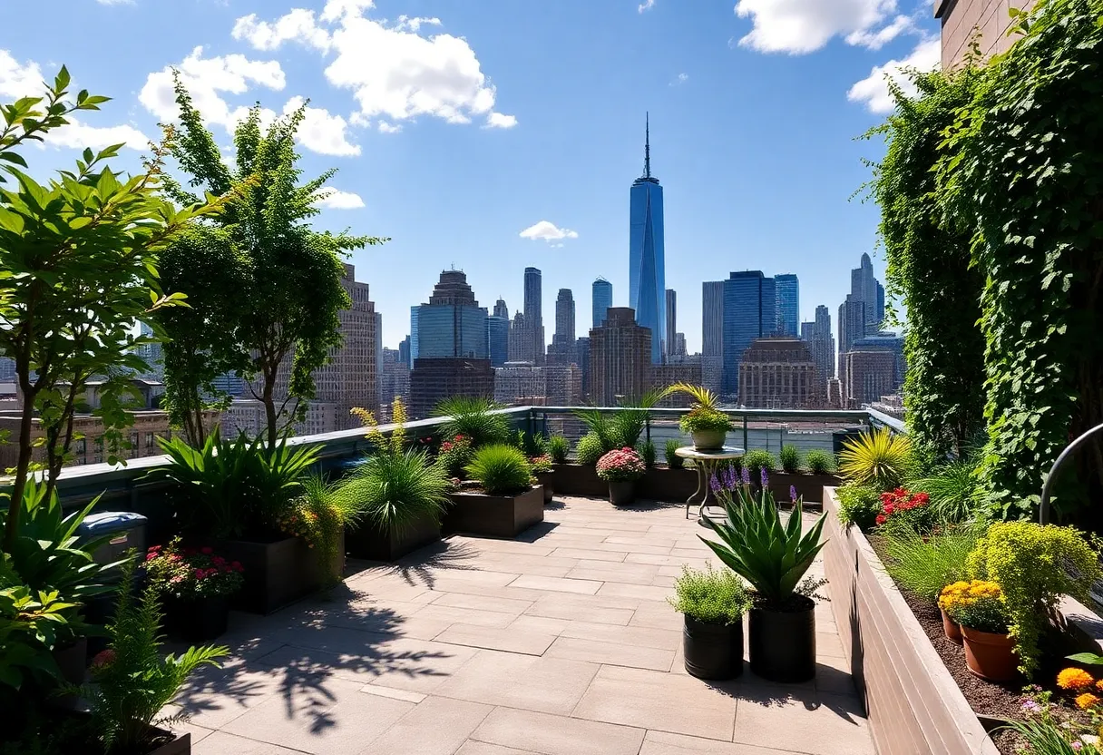 Rooftop garden showcasing plants and flowers with city skyline background.