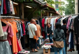 A bustling secondhand clothing market in New York City