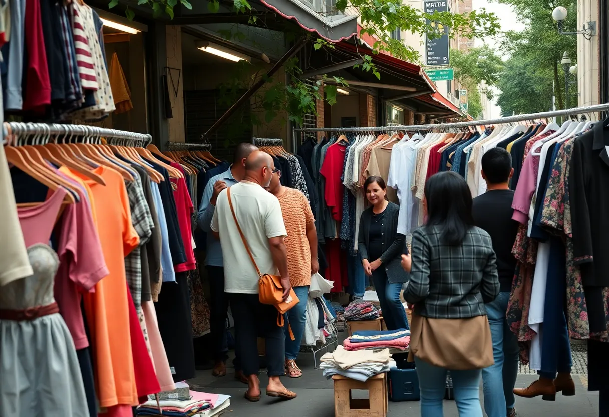A bustling secondhand clothing market in New York City