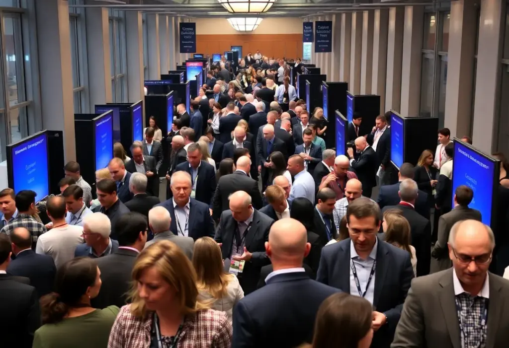 A scene from Shake Shack's investor conference in NYC with professionals networking.