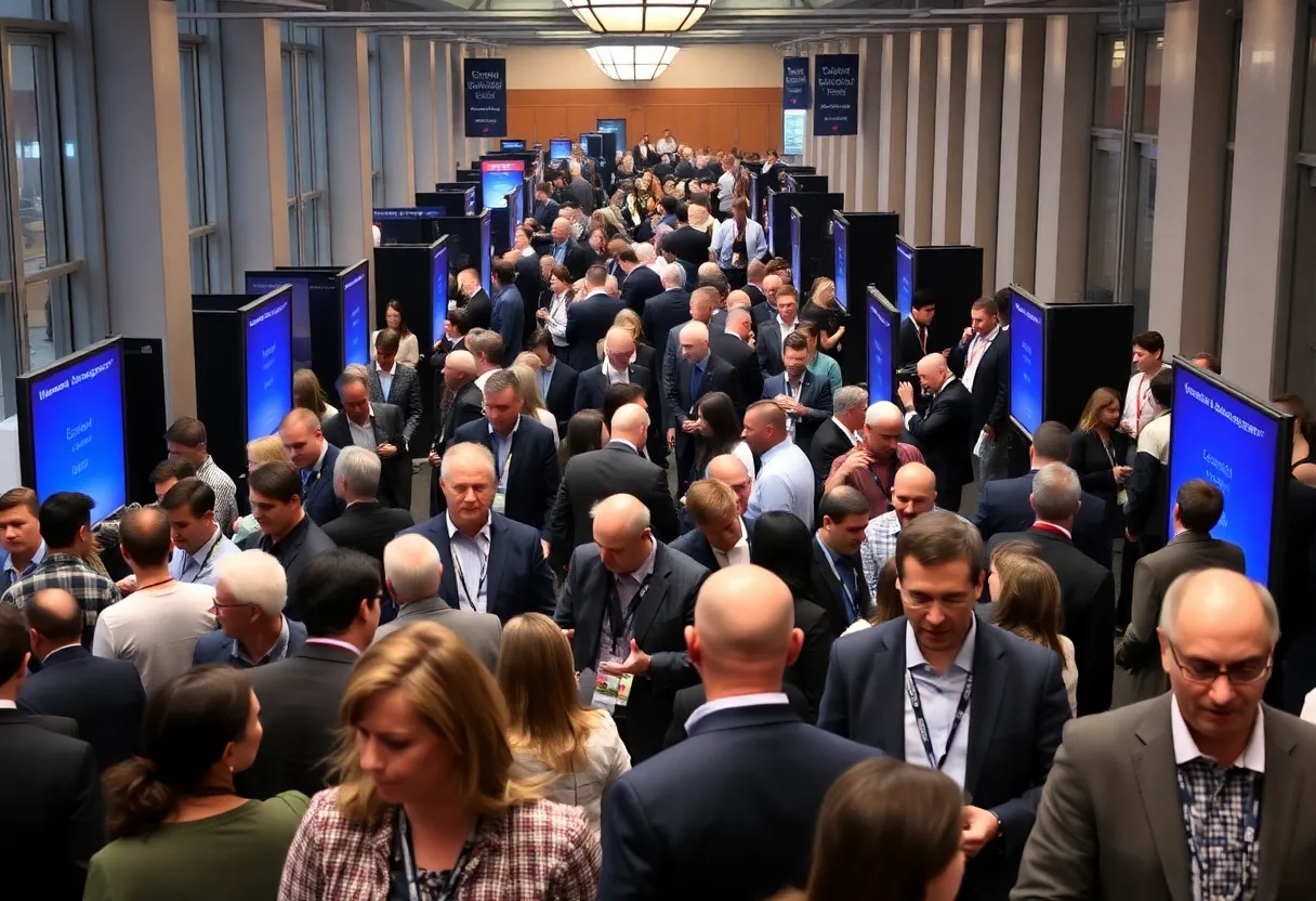 A scene from Shake Shack's investor conference in NYC with professionals networking.