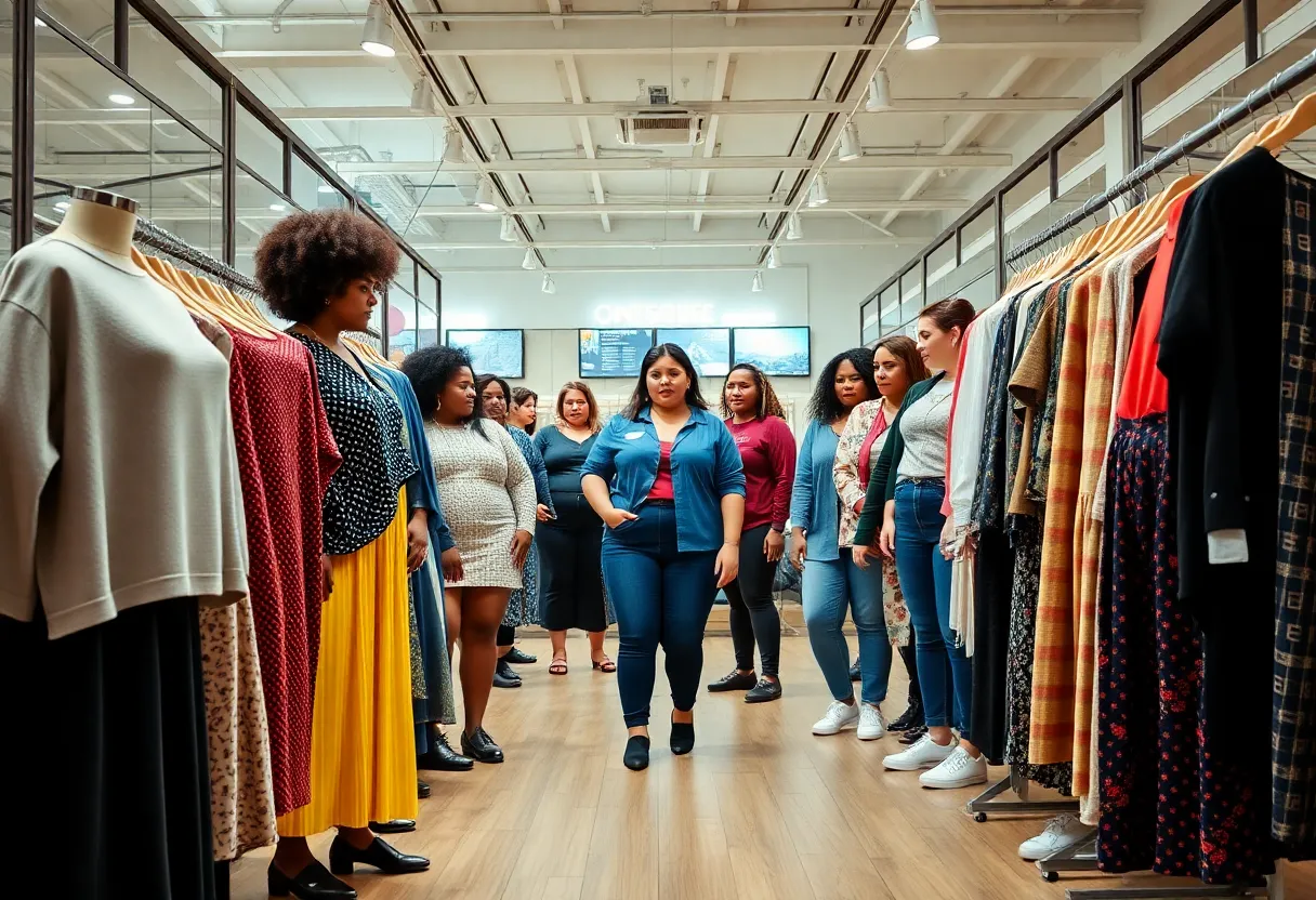 A vibrant retail display featuring size-inclusive apparel for men and women.
