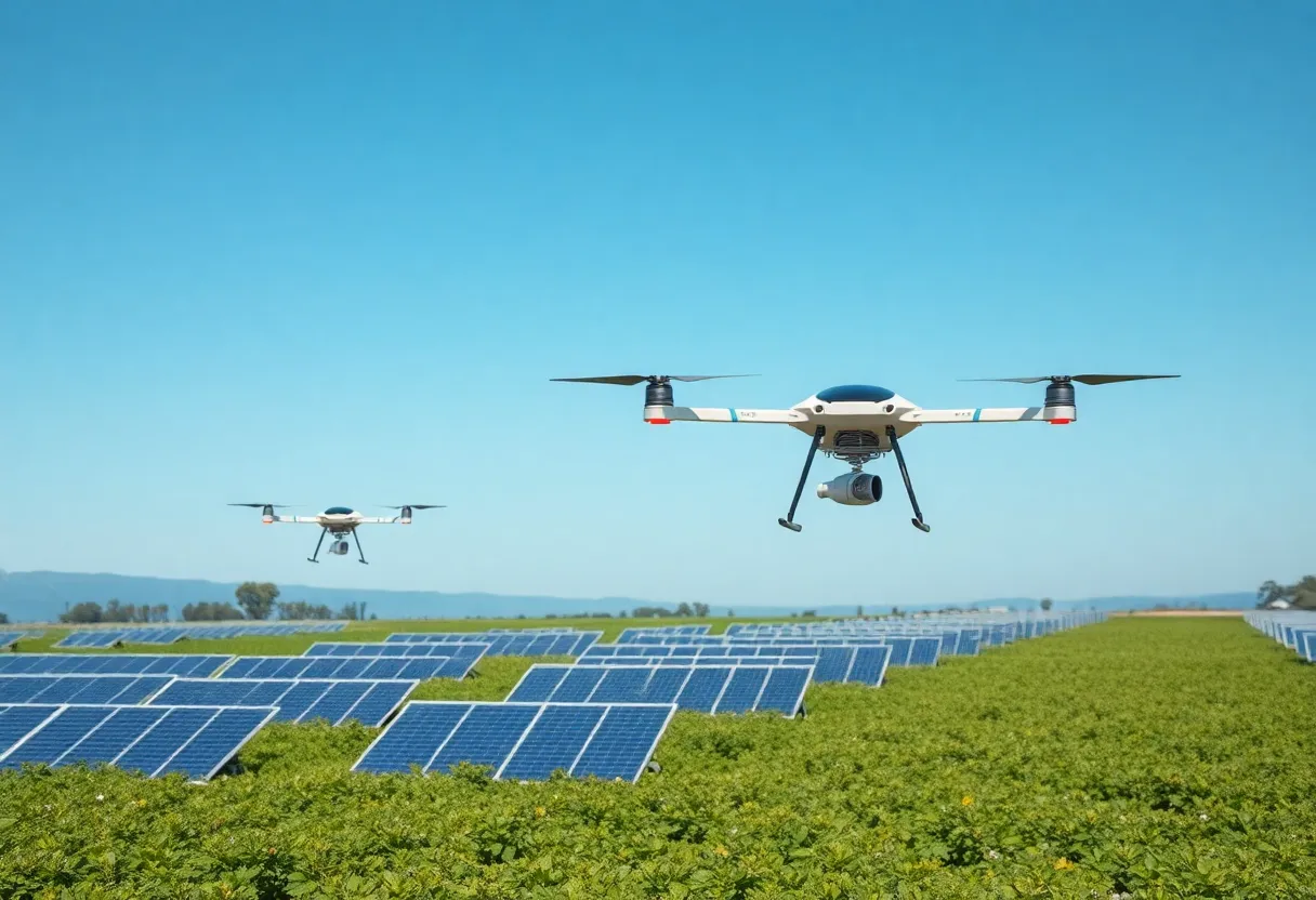 Solar-powered unmanned aerial vehicles flying over solar panels