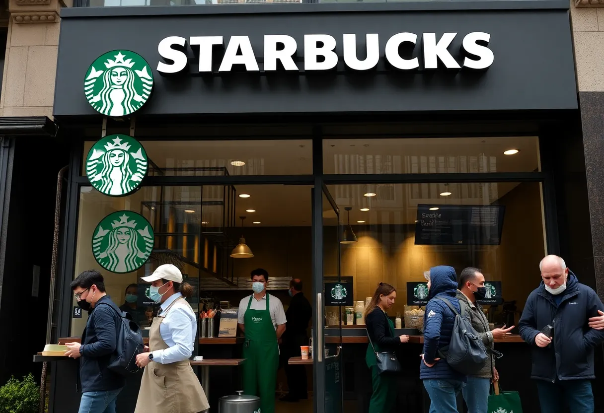 Starbucks storefront showing employees working together in New York City.