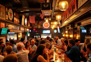 A crowded bar in New York City with customers enjoying drinks.