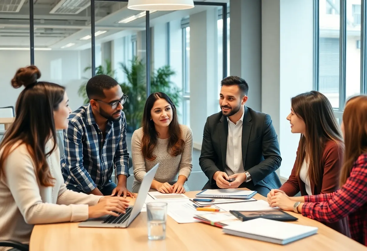 Diverse entrepreneurs collaborating in an office environment.