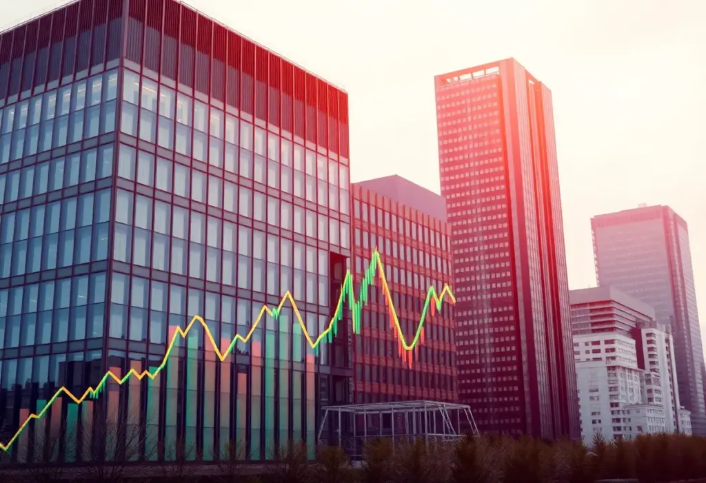 Illustration showing corporate buildings with financial graphs symbolizing tax cuts impact