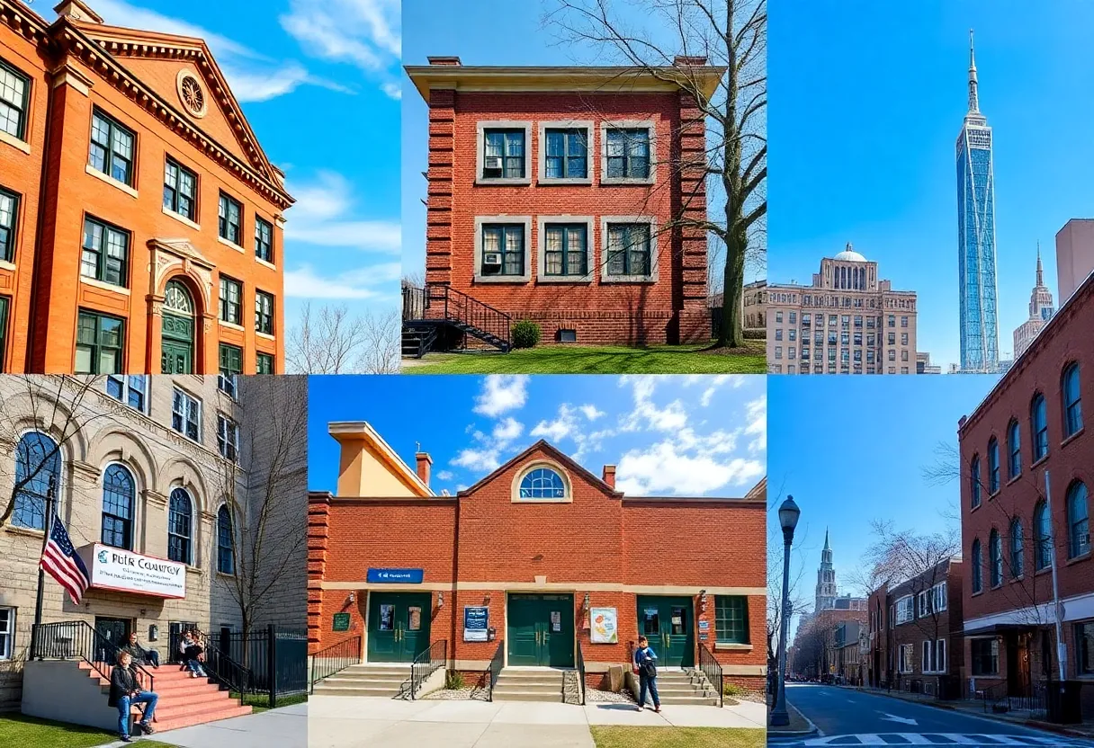A collage of top public elementary schools in New York City, displaying the school buildings and student interactions.
