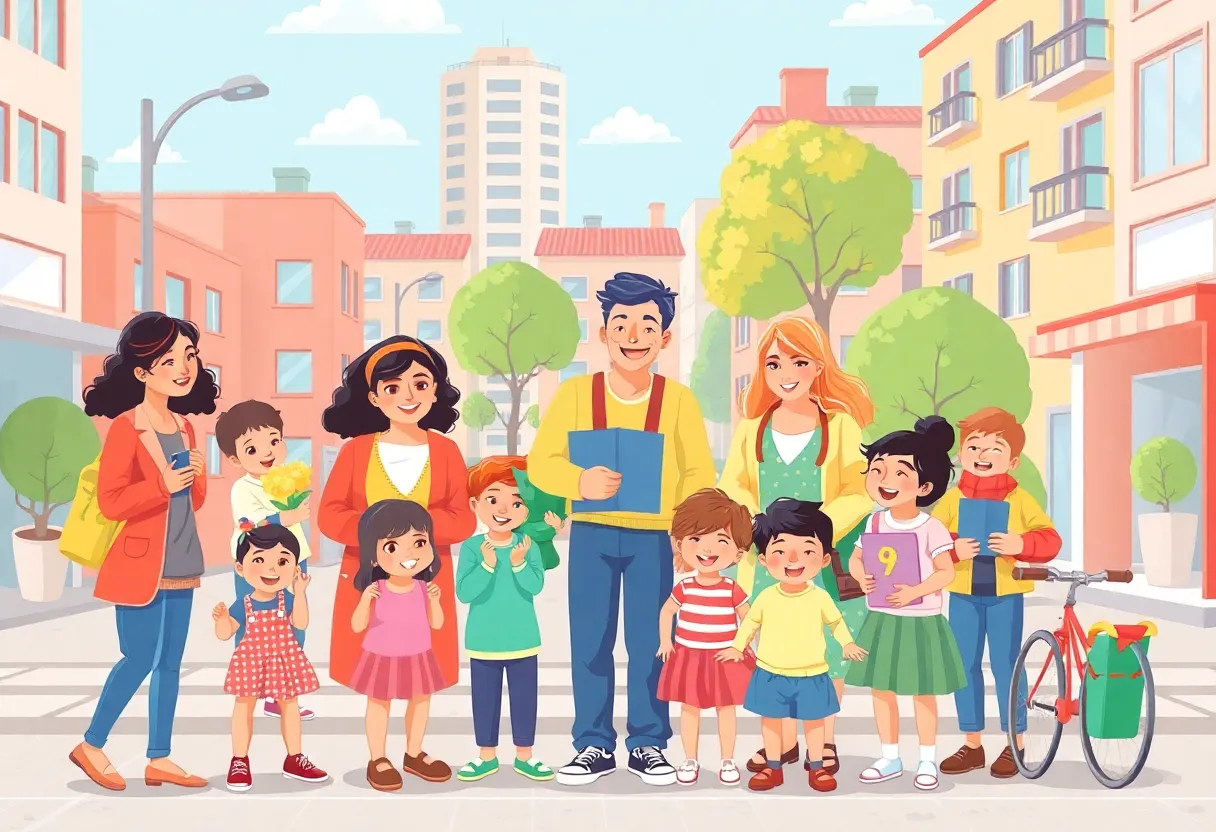 Families engaging in childcare activities in an urban environment