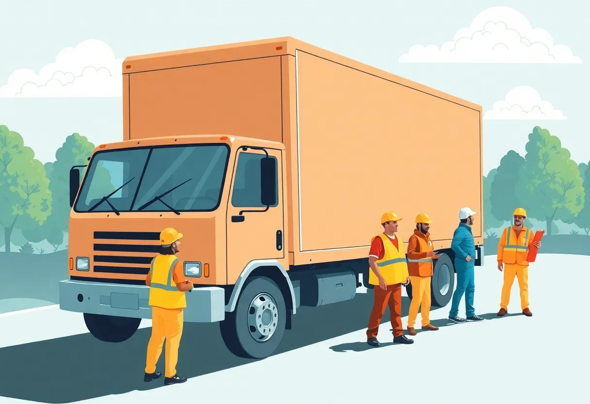 Delivery truck with seasonal workers symbolizing labor rights