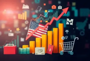 Visualization of U.S. economy growth with elements like charts and consumers shopping.
