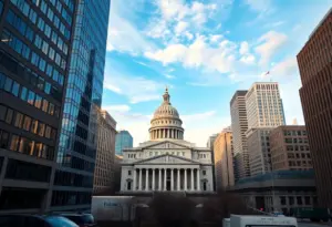 The U.S. Treasury building against a city skyline representing financial stability