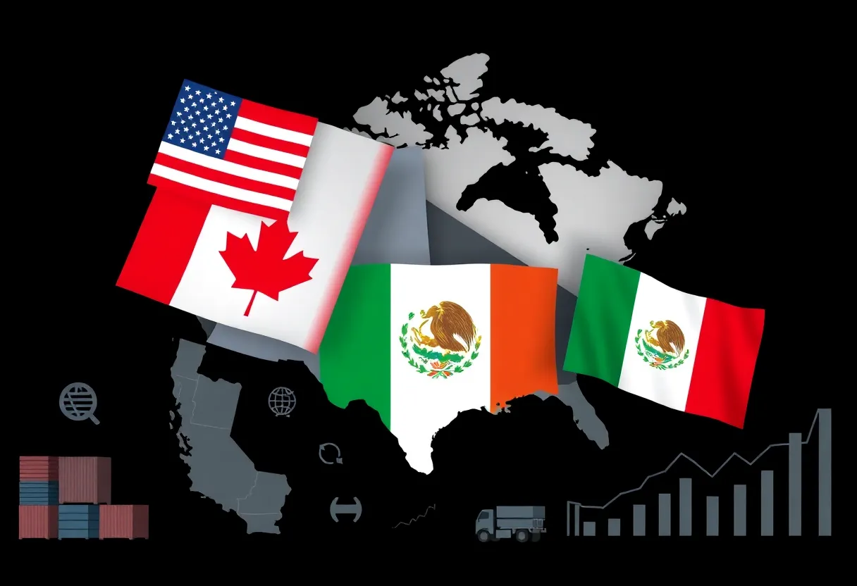 Interconnected flags of the U.S., Canada, and Mexico symbolizing trade relations