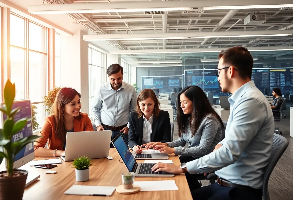 Diverse team in a modern fintech office working on financial technology solutions