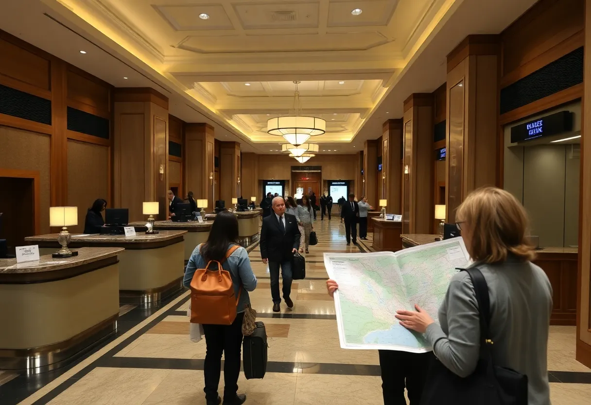 Empty hotel lobby in Washington D.C. reflecting a decline in bookings