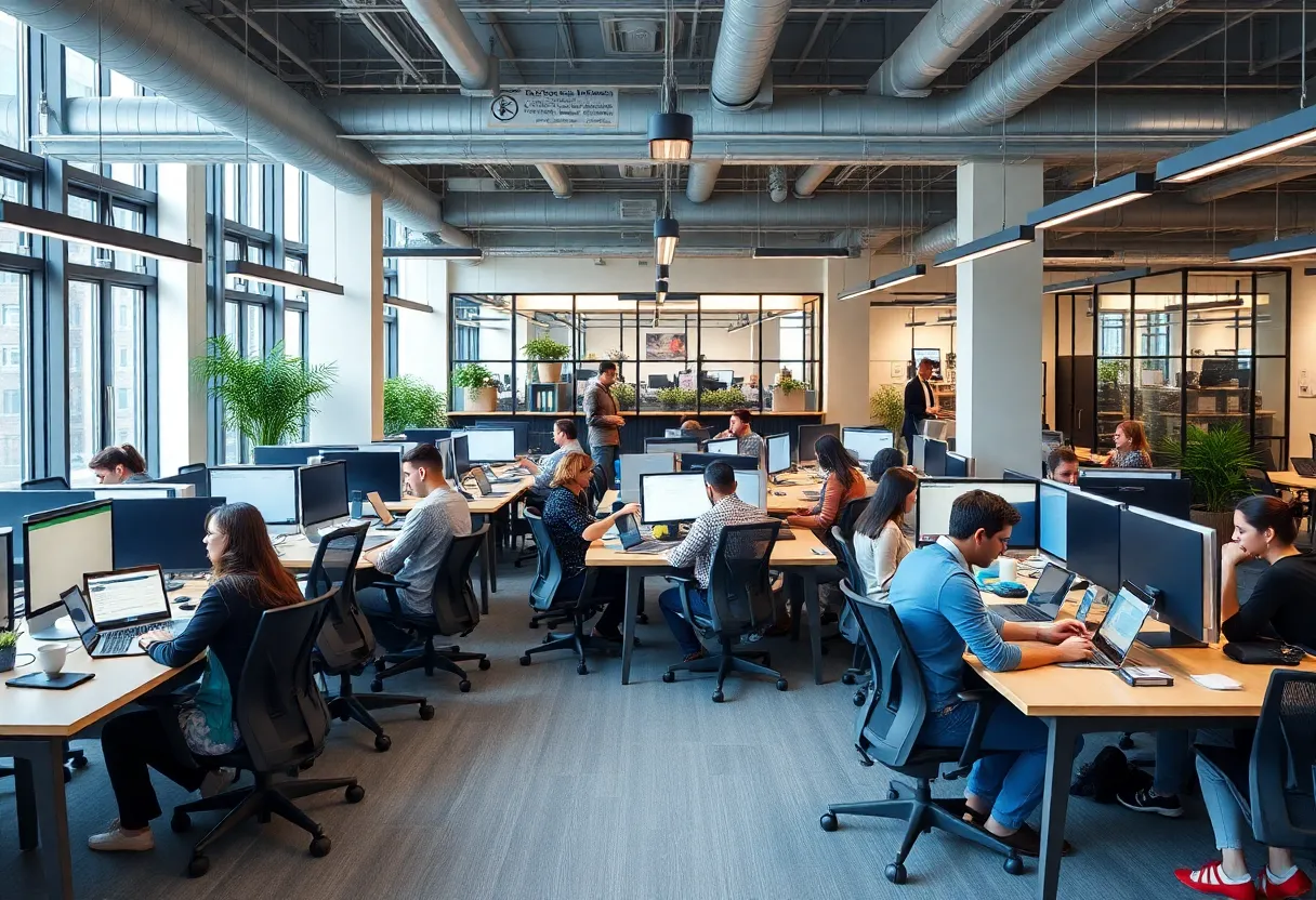 A vibrant coworking space at WeWork with professionals engaged in work activities.