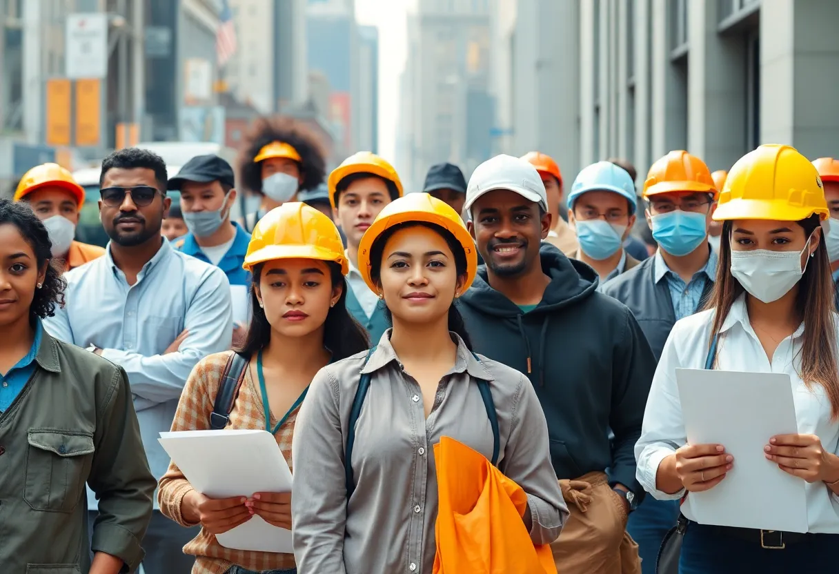 Diverse group of workers in New York celebrating the minimum wage increase.