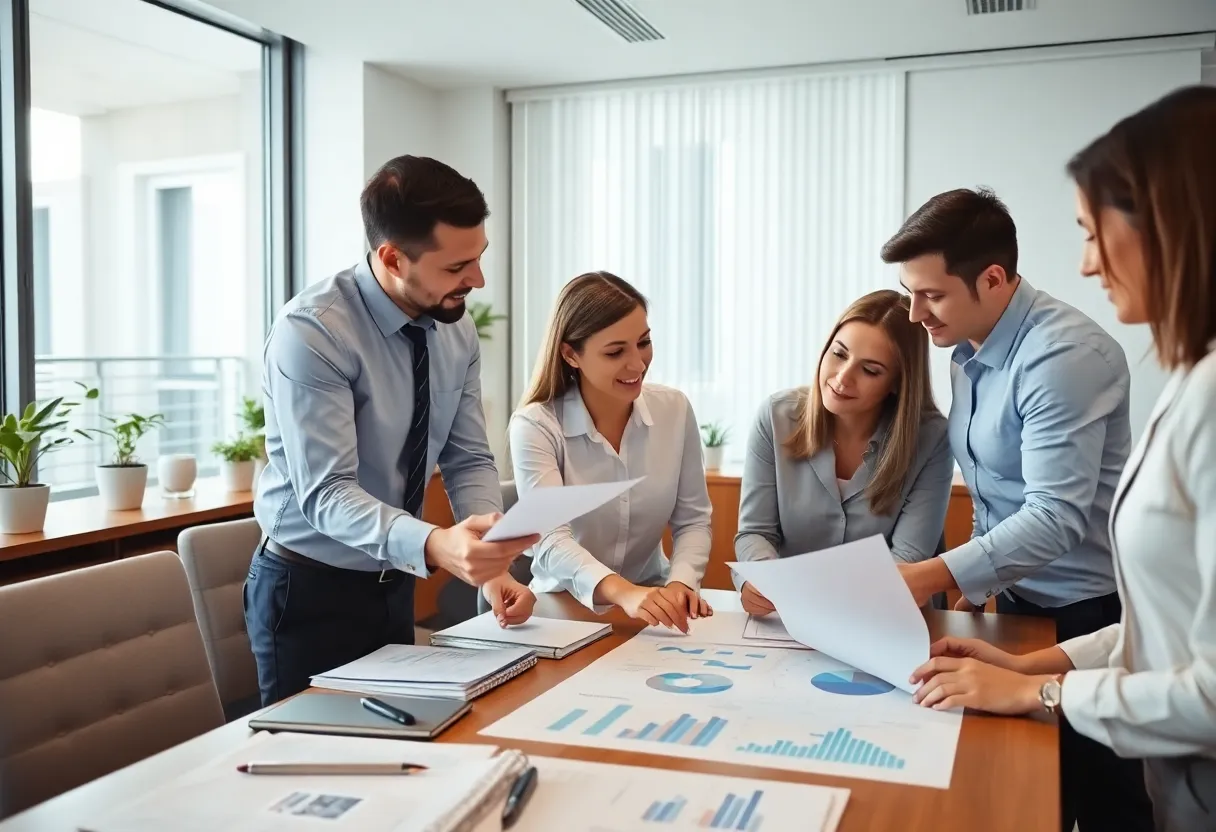 Team collaborating in a financial advisory office.