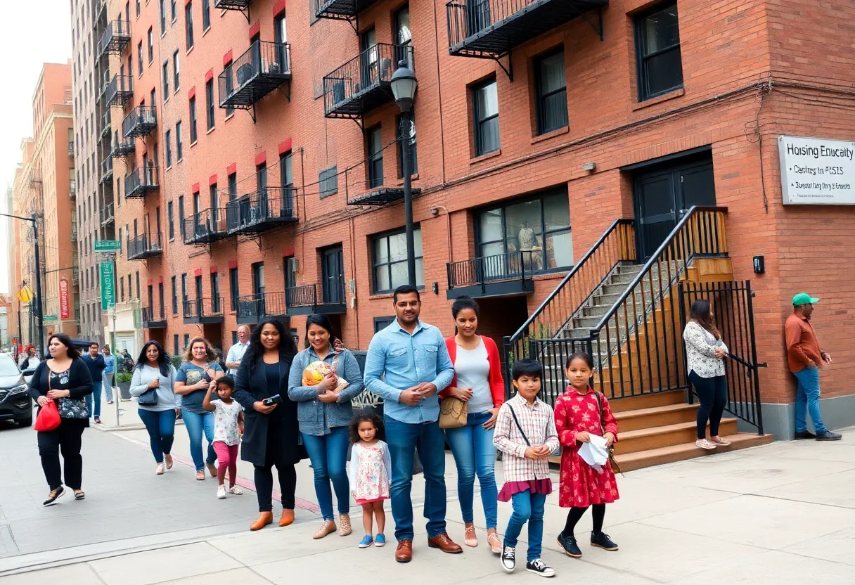 Scene depicting families and children in New York City, emphasizing affordability and community resources.