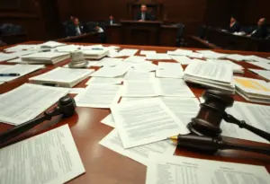 A detailed view of a courtroom focused on legal documents.