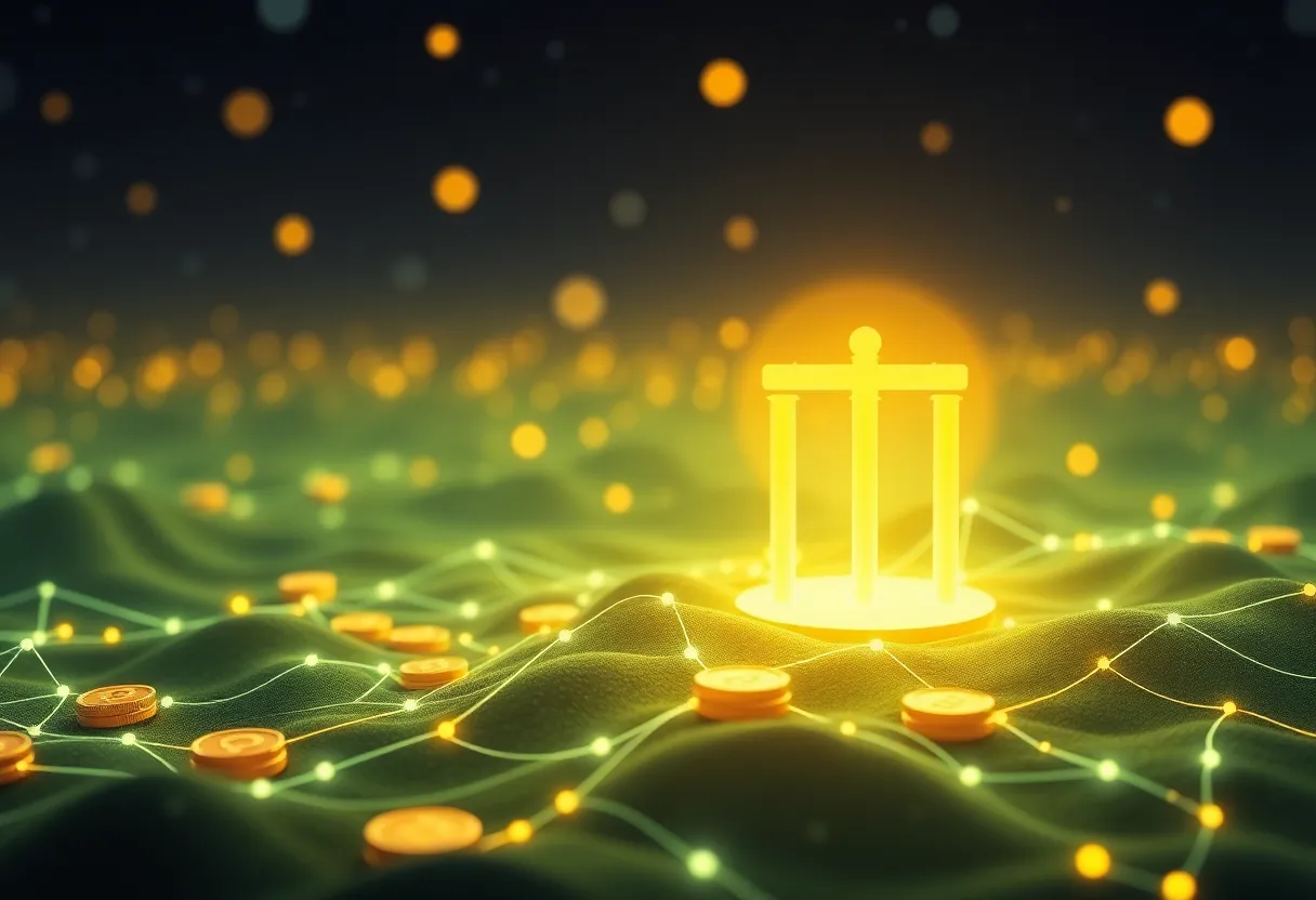 Futuristic illustration of cryptocurrency tokens and regulatory elements