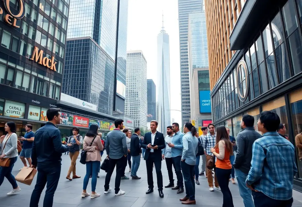 Urban scene of startup entrepreneurs collaborating in NYC.