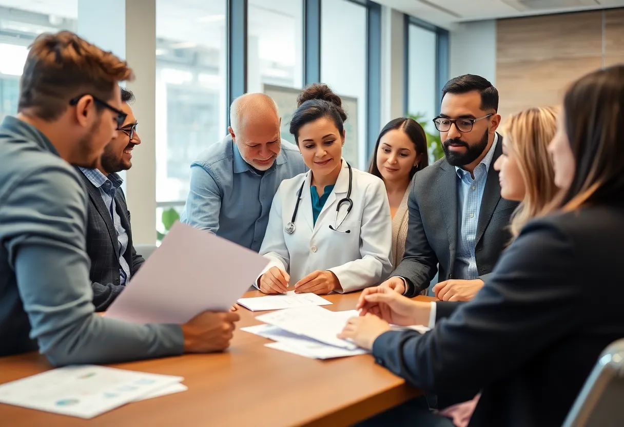 Group conversation about healthcare mandates in New York City office