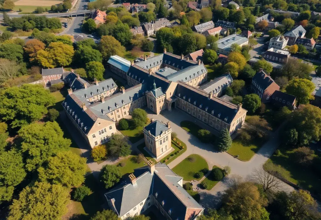 Aerial view of Wells College campus showing historic buildings and green surroundings.
