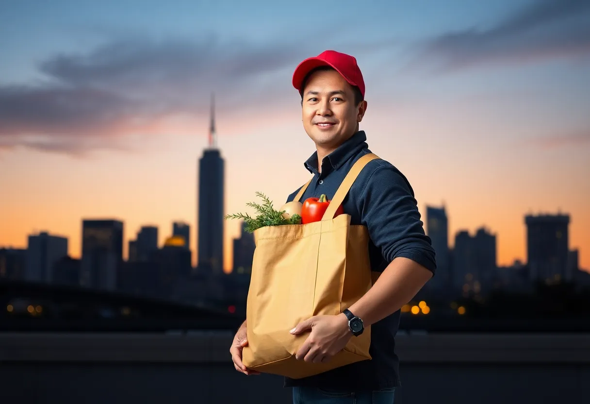 A delivery worker in front of New York City skyline promoting grocery delivery services.