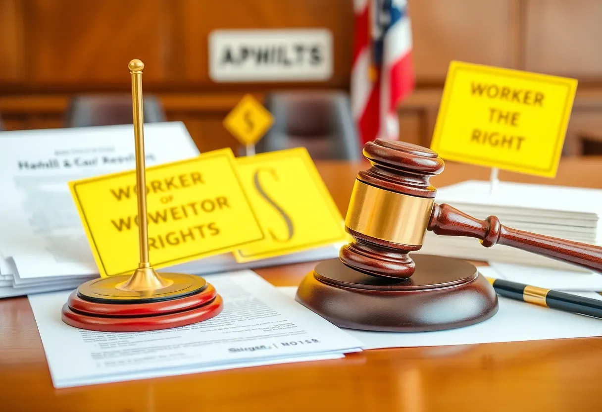 Courtroom setting illustrating the Instacart lawsuit against NYC regulations.