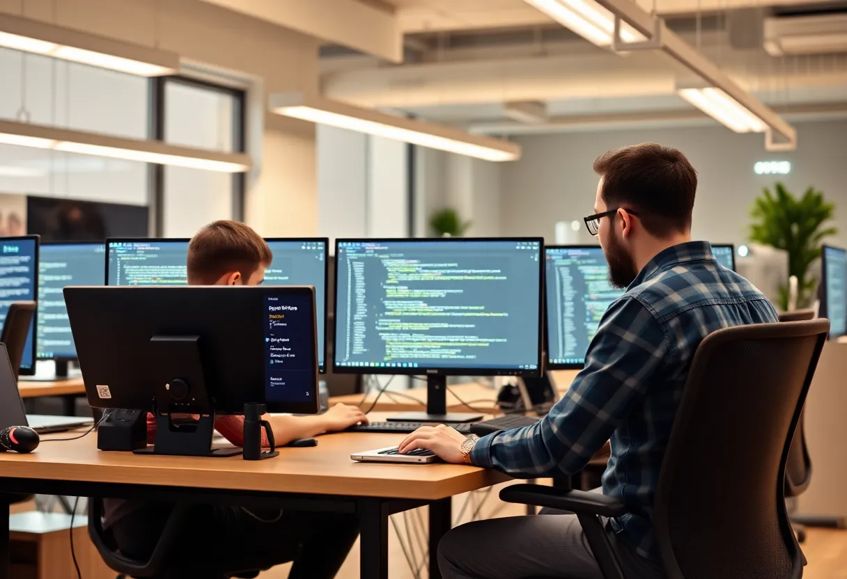 Developers working on PHP frameworks in an office setting