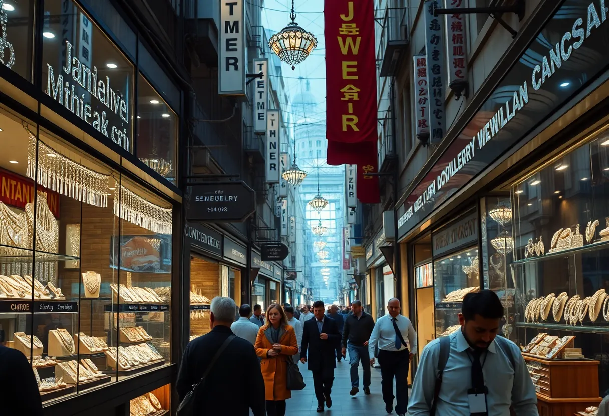 Busy jewelry district showcasing various shops and jewelry pieces.