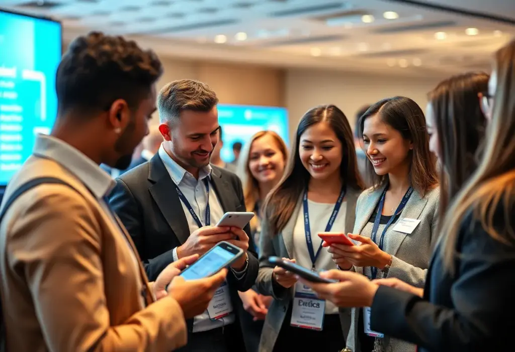 Professionals networking using digital tools and devices.