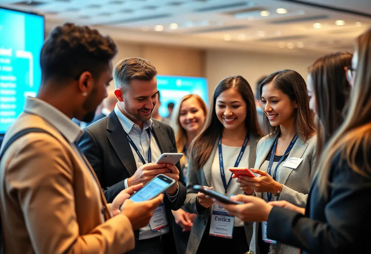 Professionals networking using digital tools and devices.