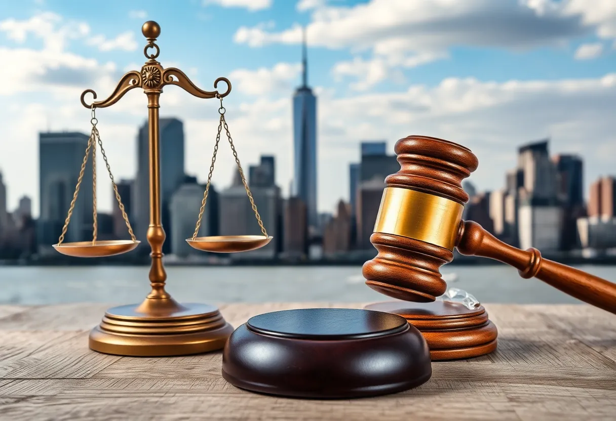 Abstract representation of a legal investigation with symbols of justice and New York skyline.
