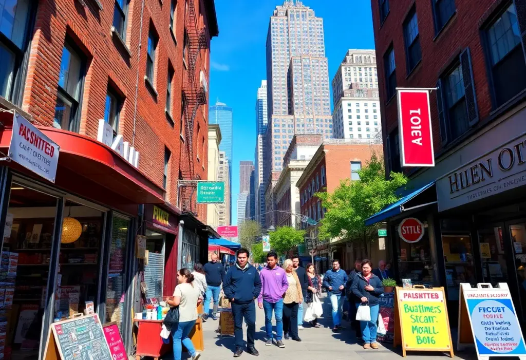 Small businesses in Lower Manhattan with city skyline