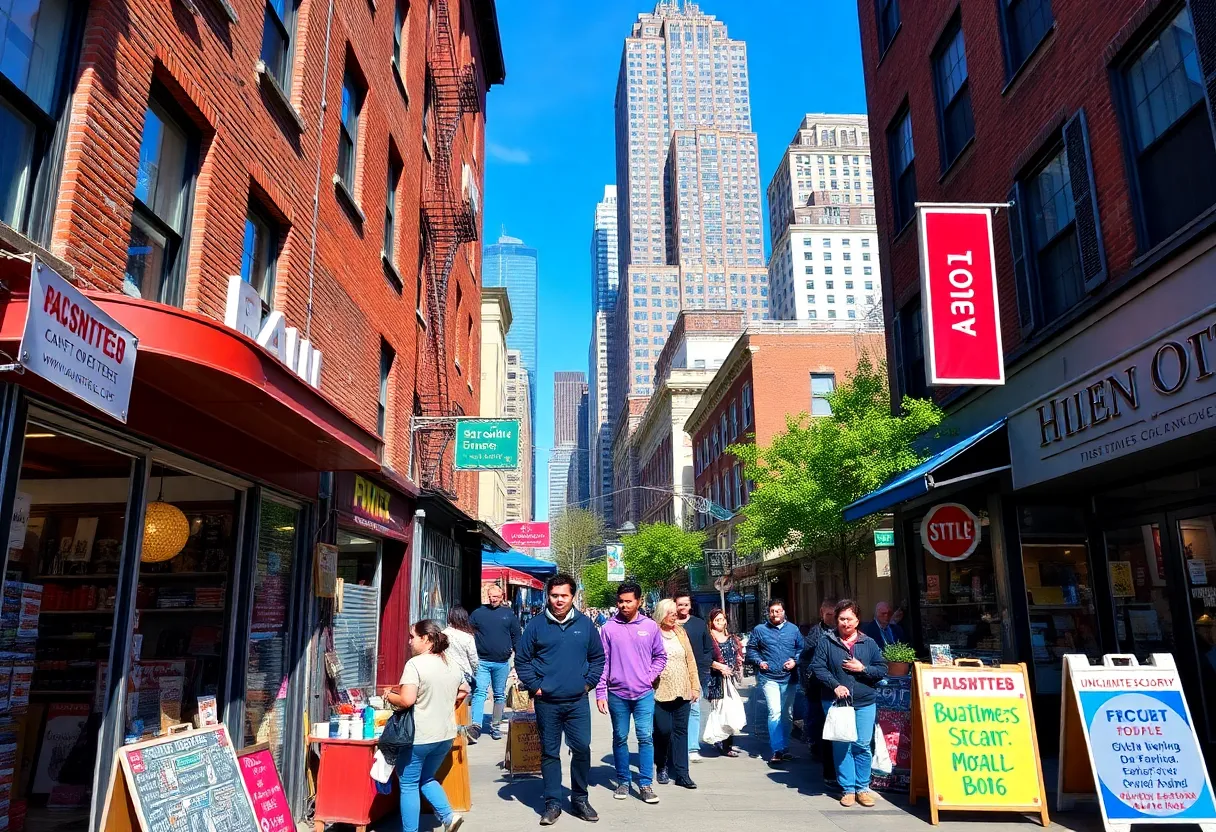 Small businesses in Lower Manhattan with city skyline
